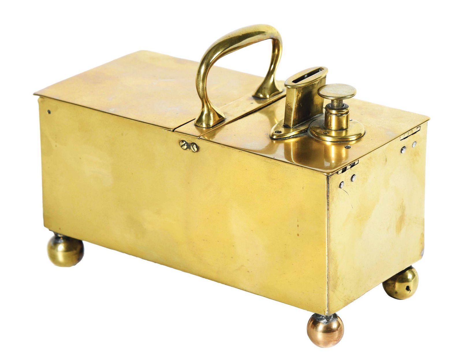 GEORGIAN BRASS HONOR BOX SNUFF OR TOBACCO DISPENSER. (1 of 5)