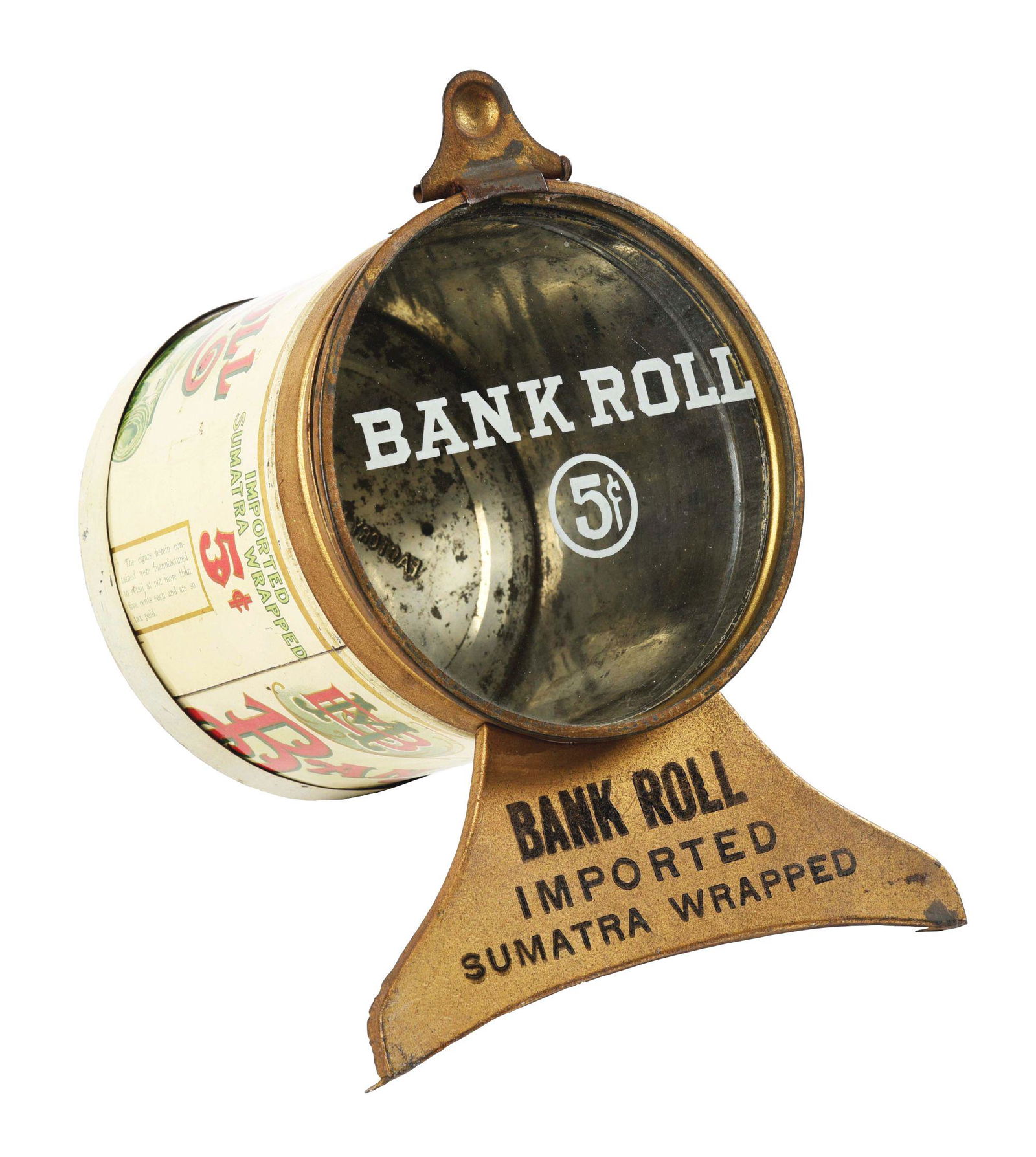 BANK ROLL CIGAR TIN WITH ORIGINAL GLASS DISPENSER. (1 of 4)