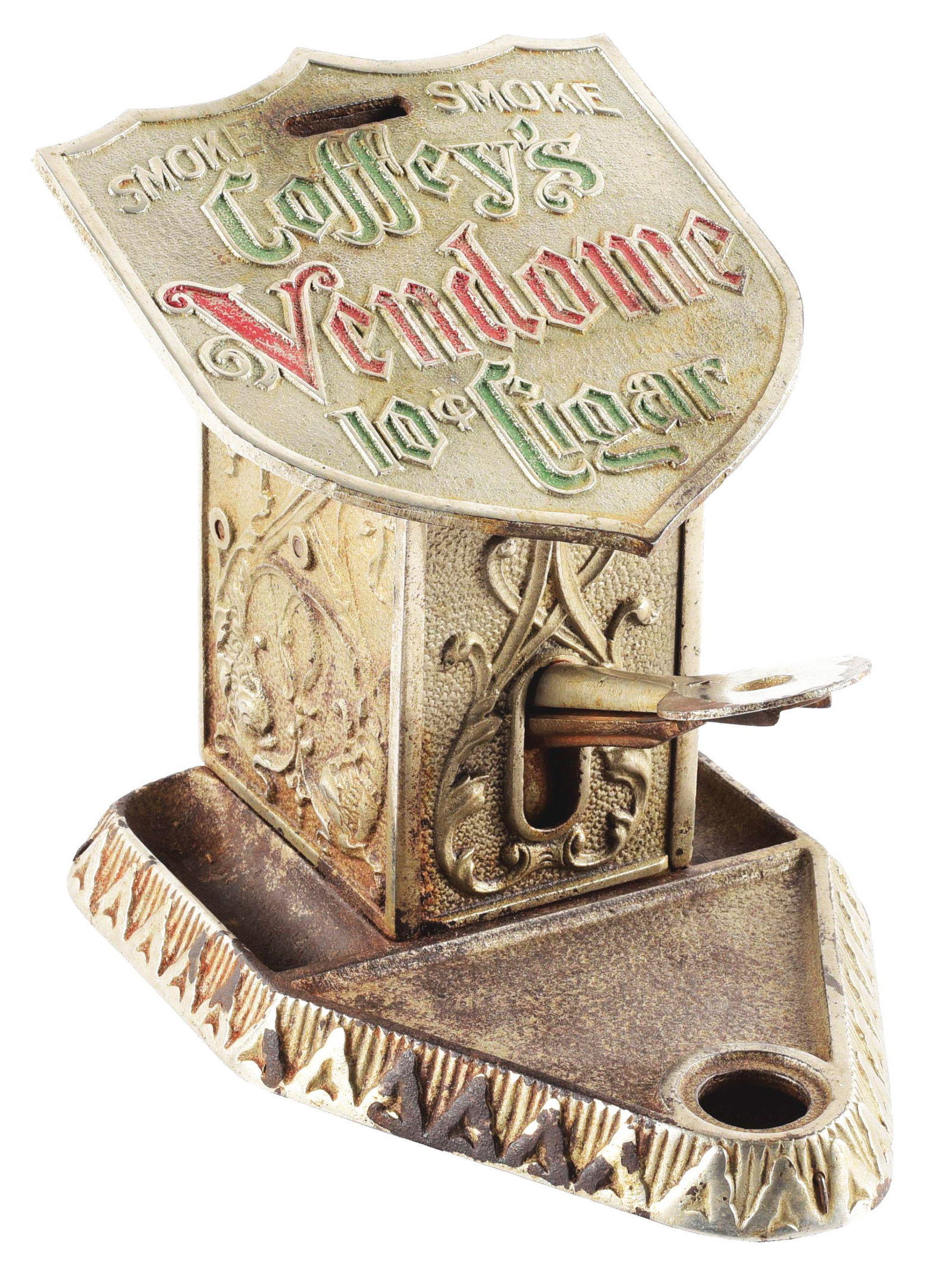 CAST IRON CIGAR CUTTER AND MATCH DISPENSER ADVERTISING COFFEY'S VENDOME 10¢ CIGAR.: This early cast iron cigar cutter and match dispenser shows a patent date of July 18th, 1909. These particular cast iron cutters were made to nip your cigar with the press-down thumb lever in the fron