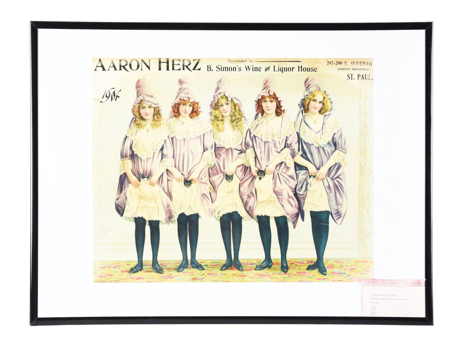PAPER LITHOGRAPH "PUSSY GIRLS" CALENDAR ART.: This is an extremely early piece from the turn of the 19th century. It has some tears at the edges and a little bit of discoloration at the top and has been trimmed on the right. It is identified on t