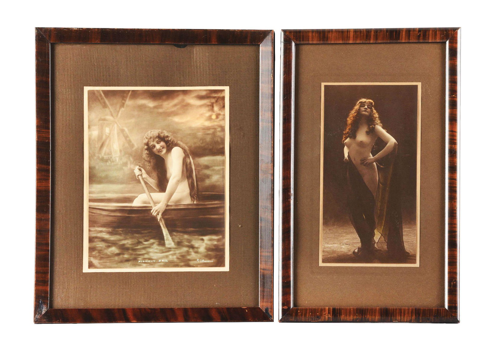 LOT OF 2: FRAMED SEPIA PRINTS.: This is a lot of two prints. The first is titled "Midnight Sail" and depicts a nude woman rowing a boat, marked "Copyright 1918 C. Gilhousen.". It has been framed and matted in a period-correct frame 