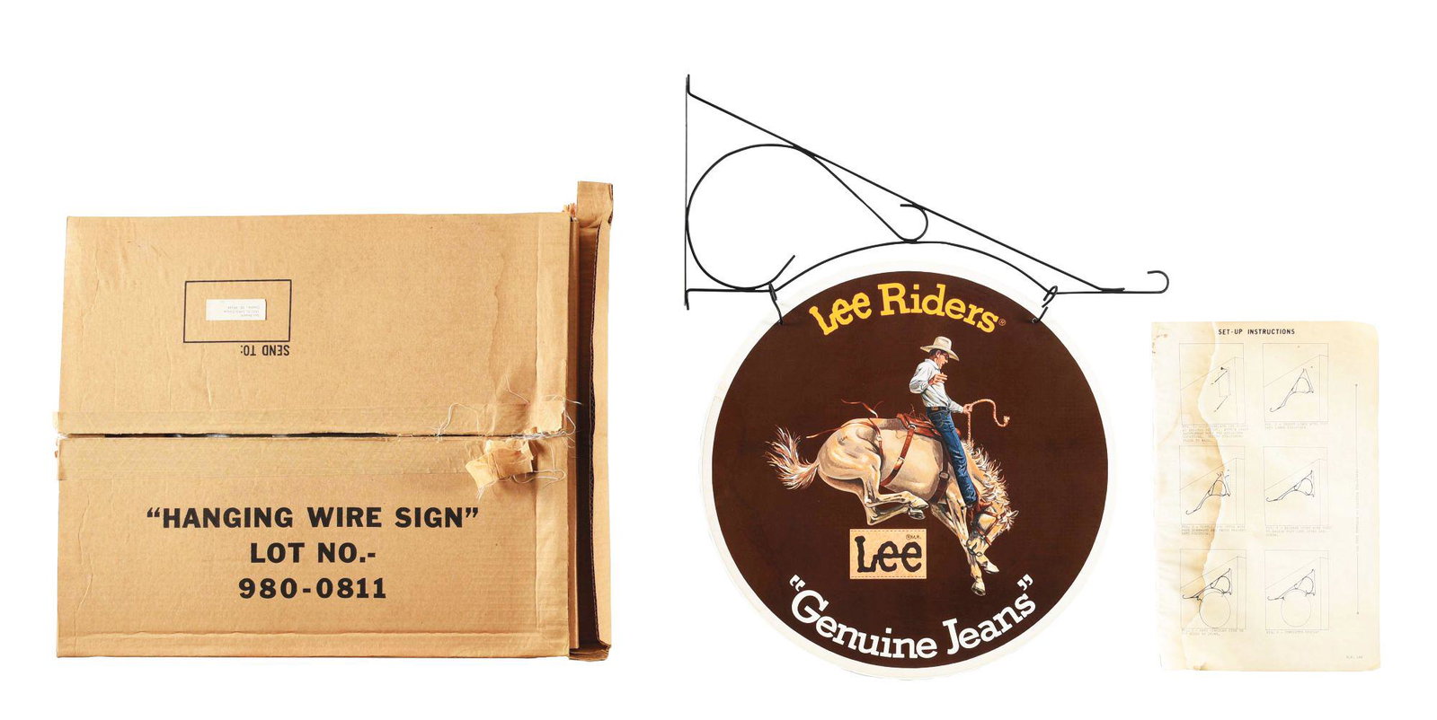 LEE RIDERS SIGN WITH HANGER AND ORIGINAL BOX.: New old stock Lee Riders Genuine Jeans hanging flange sign. Flange is made of wire. C. 1950's, comes complete with original shipping box, and original wax paper. Instructions for hanging included. Con