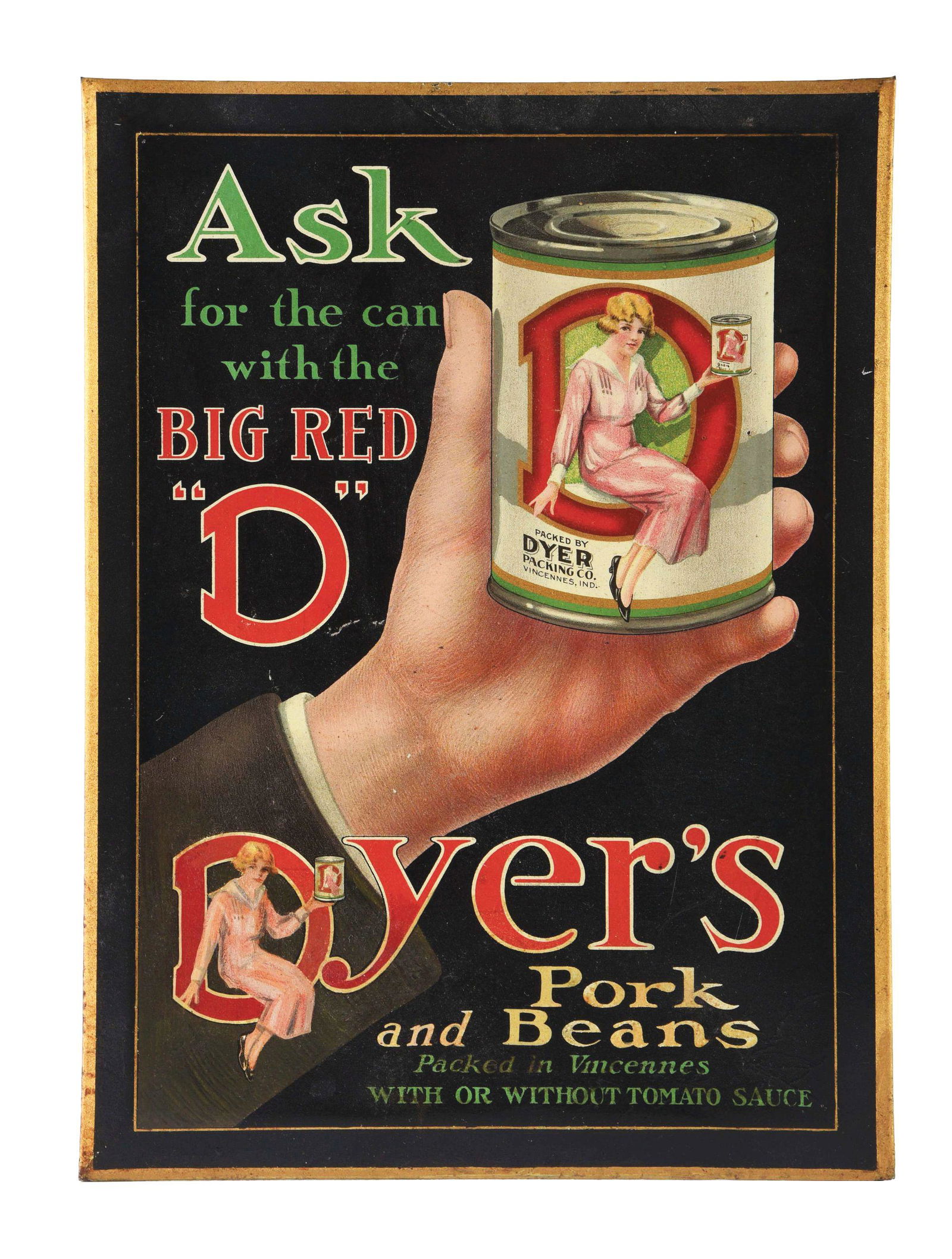 1925 DYERS PORK & BEANS TIN OVER CARDBOARD. (1 of 2)