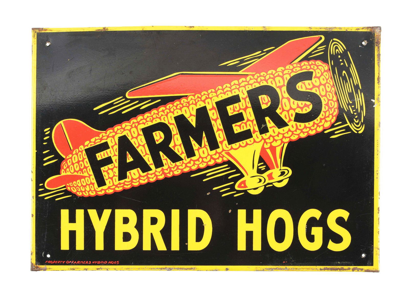 PAINTED TIN FARMERS HYBRID HOGS FEED SIGN. (1 of 3)