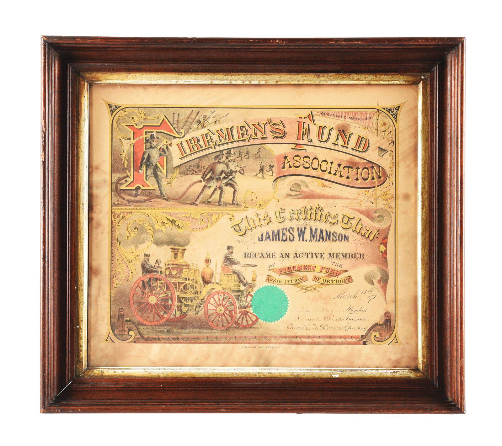 PAPER LITHOGRAPH FIREMEN'S FUND ASSOCIATON CERTIFICATE OF MEMBERSHIP.: This is a beautifully framed certificate of membership to the Firemen's Fund Association for James. W. Manson. It is marked "Detroit Lith. Office, 54 Bates St." at the bottom. It has some staining and