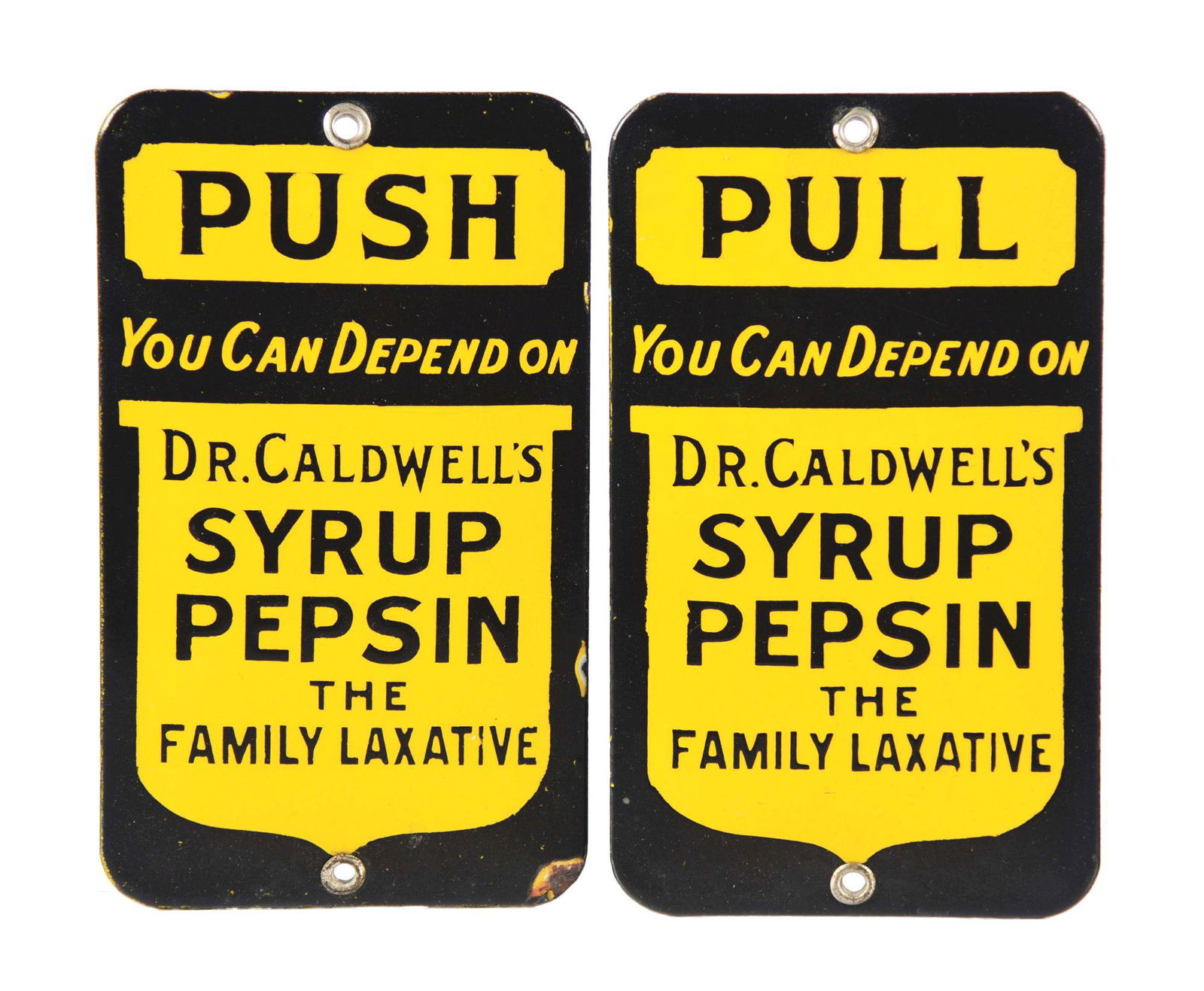 LOT OF 2: SINGLE-SIDED PORCELAIN DR. CALDWELL'S SYRUP PEPSIN DOOR PUSHES. (1 of 2)
