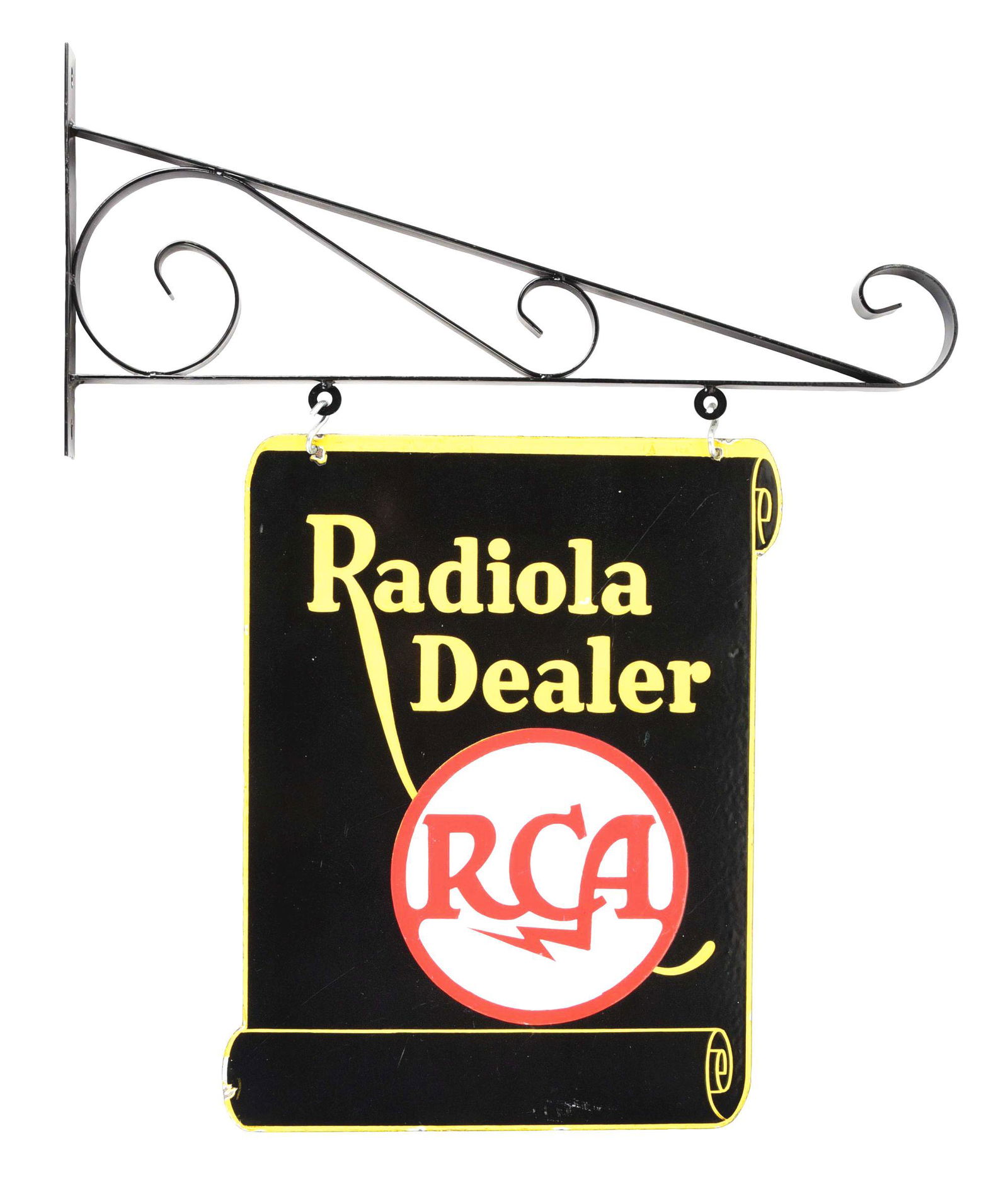 RADIOLA DEALERSHIP RCA DOUBLE-SIDED PORCELAIN SIGN WITH HANGING BRACKET. (1 of 3)