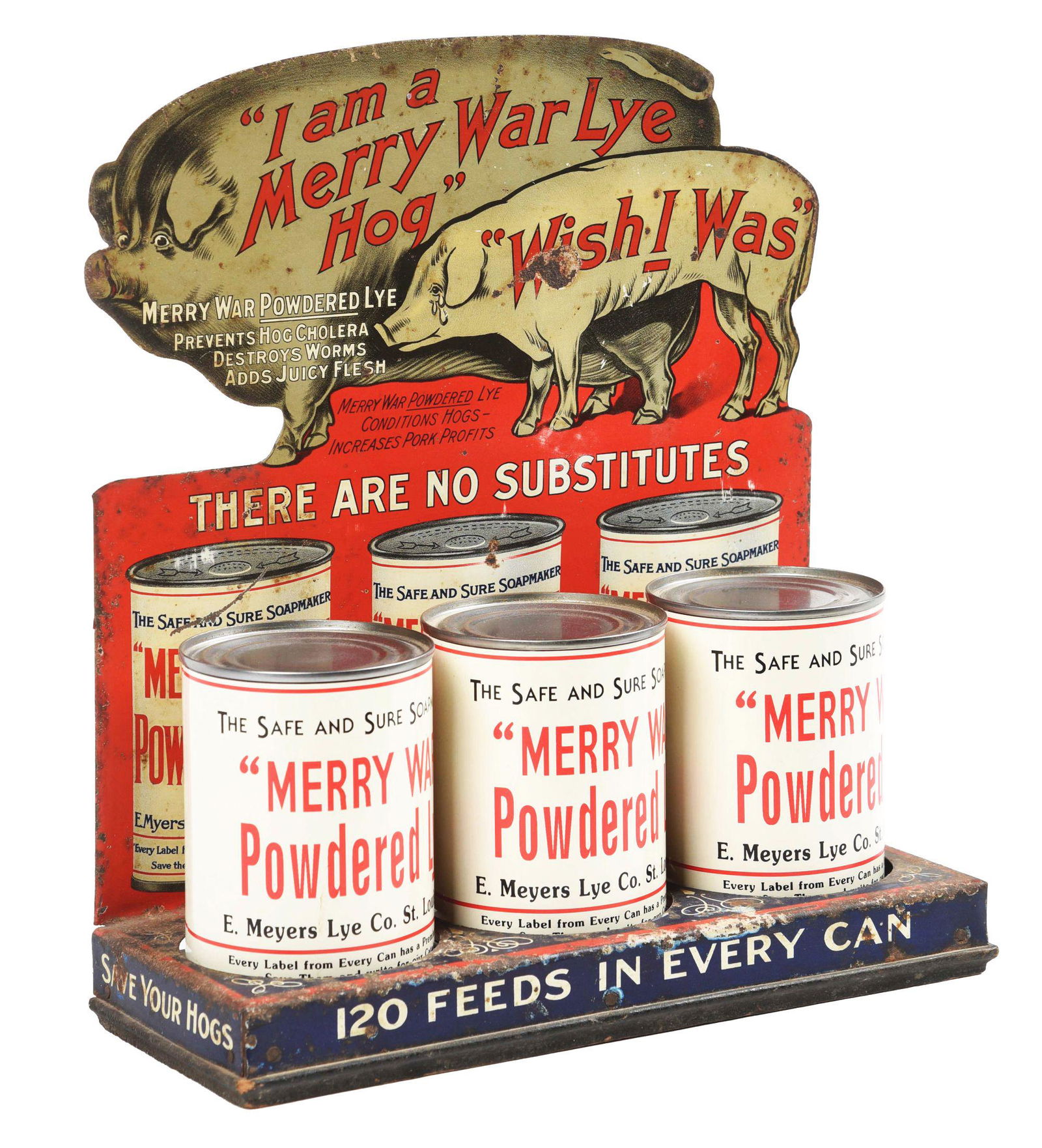 EXTREMELY RARE TIN DIE-CUT SOUNTRY STORE DISPLAY FOR MERRY WAR POWDERED LYE. (1 of 4)