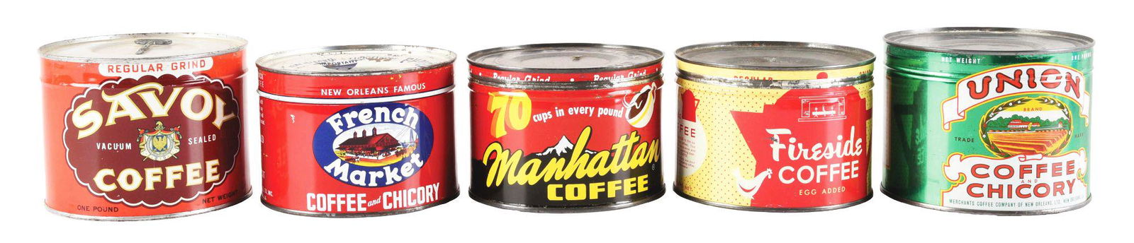 LOT OF 5: MISCELLANEOUS 1 LB. COFFEE TINS. (1 of 4)