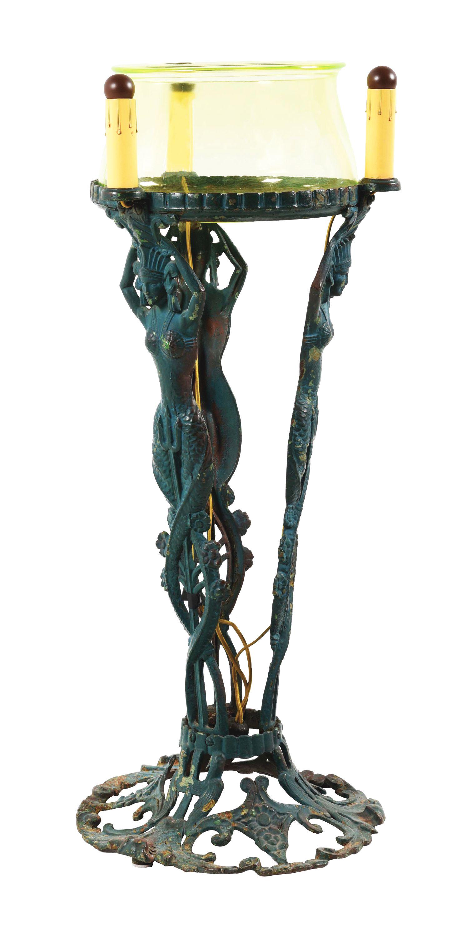 ART NOUVEAU PLANT OR TERRARIUM STAND.: This is a wonderful stand in Art Nouveau design showing iron legs in maiden form, most likely a plant or terrarium stand, but a great stand to be repurposed for a machine or piece of advertising. Cond