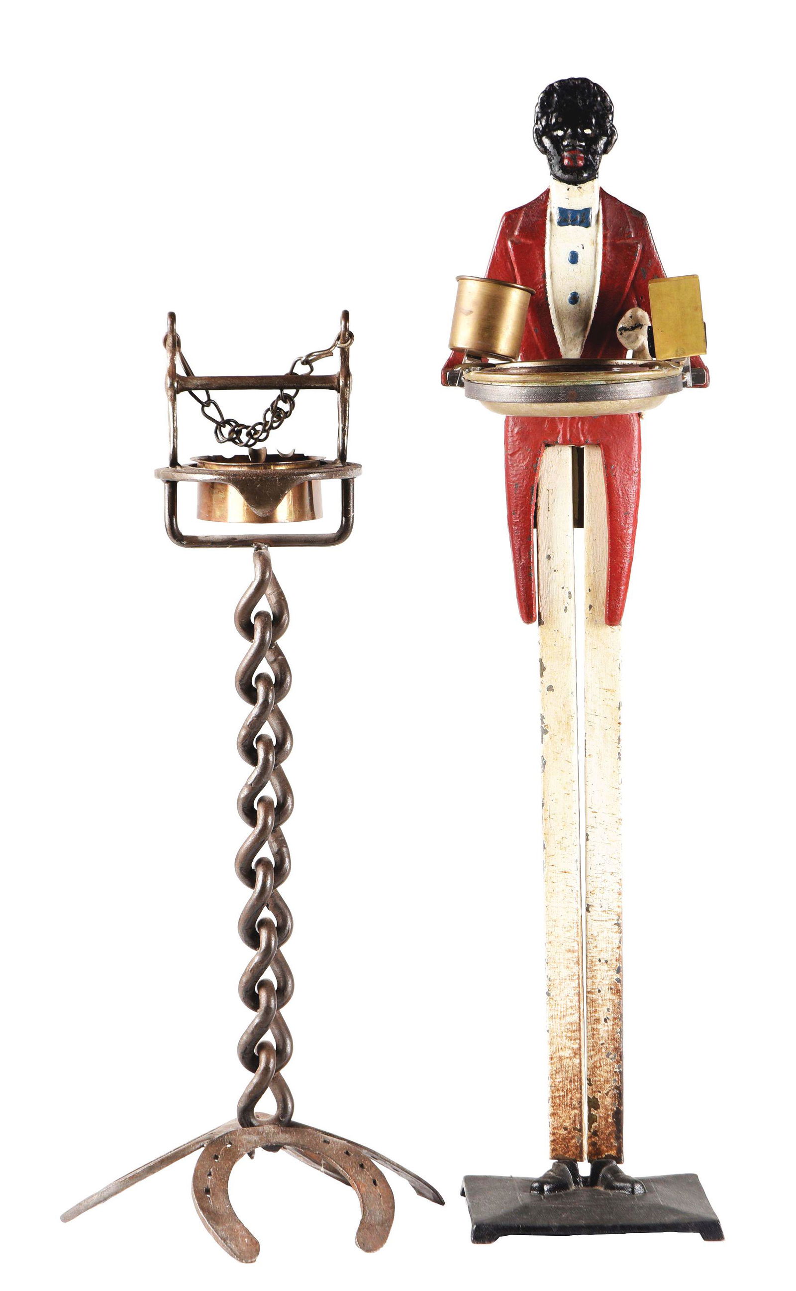 LOT OF 2: IRON BUTLER CIGAR STAND AND WELDED HORSESHOE ASH TRAY. (1 of 4)