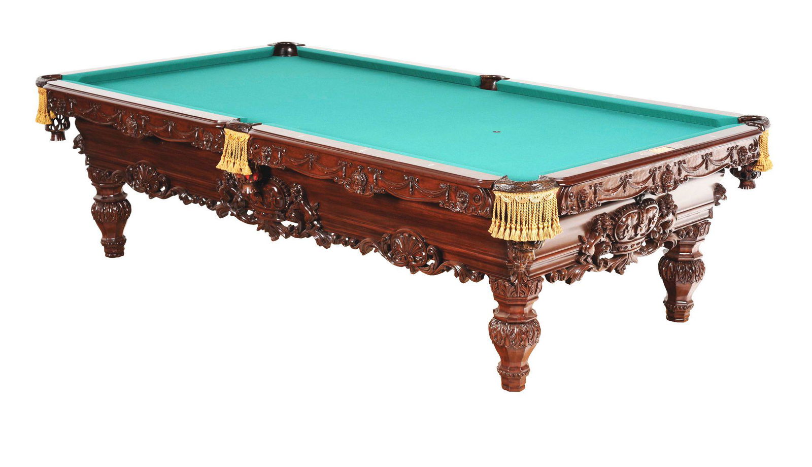 BRUNSWICK-BALKE-COLLENDER CO POOL TABLE WITH ACCESSORIES.: This is a high grade Brunswick pool table from the mid to later 20th century. Beautiful mahogany constructed table with beautiful trim and carvings, in immaculate condition. Comes with a pool cue rack