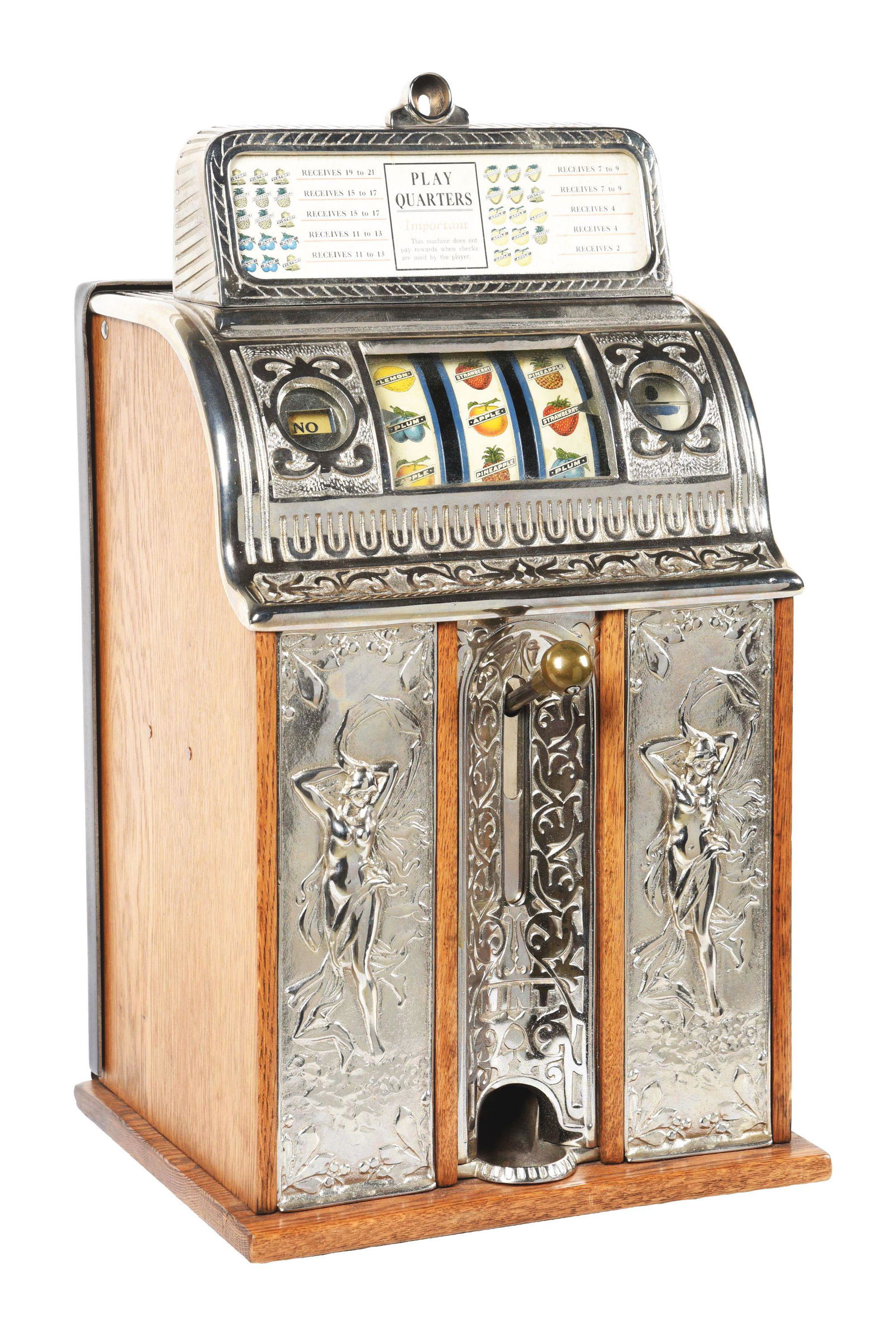 25¢ CAILLE BROS. CENTER PULL VICTORY BELL NUDE BELL SLOT MACHINE.: A very nice example of a center pull slot machine produced by Caille Bros. in the 1920's. This desirable 25¢ model features the "Nude Front" design, where the center pull is flanked on either sid