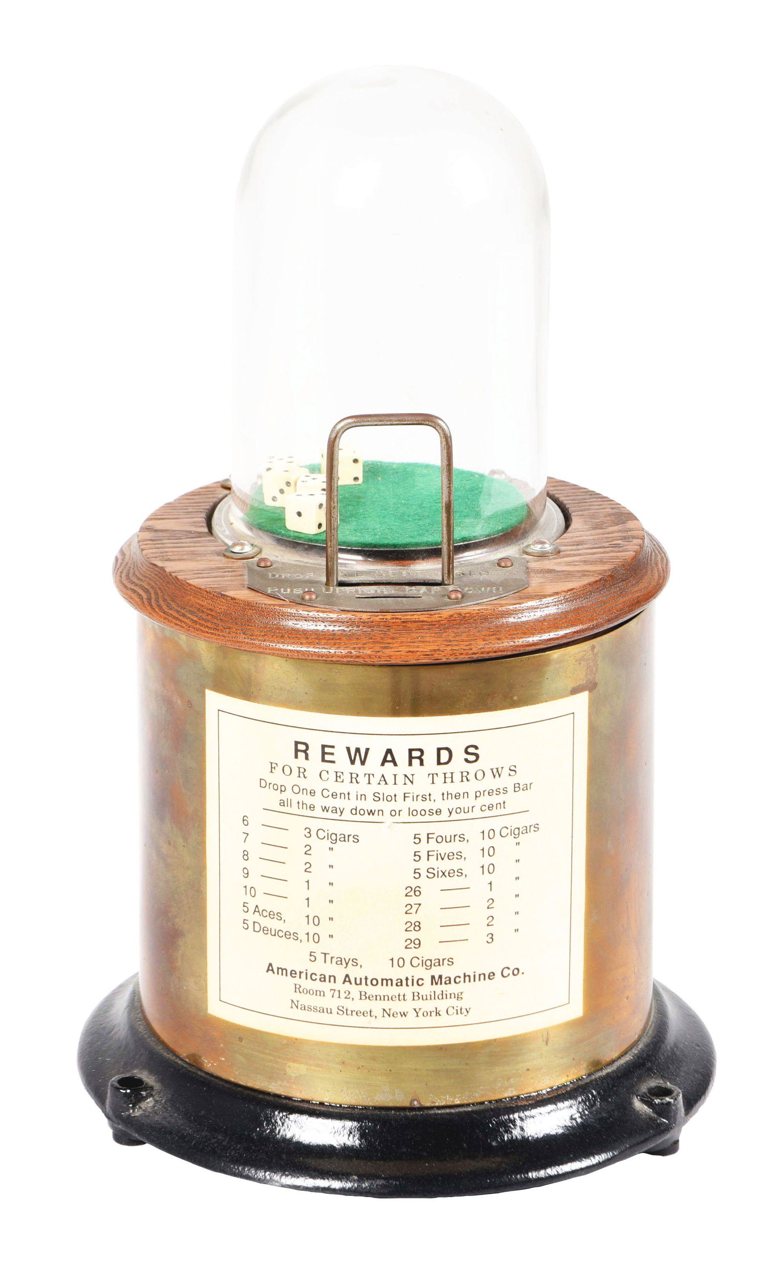 1¢ AMERICAN AUTOMATIC DICE POPPER CIGAR TRADE STIMULATOR.: American Automatic Machine Co. produced this machine in 1893. The paper label is a replacement. This machine is in very good condition with little signs of wear or use and is one of the best example o