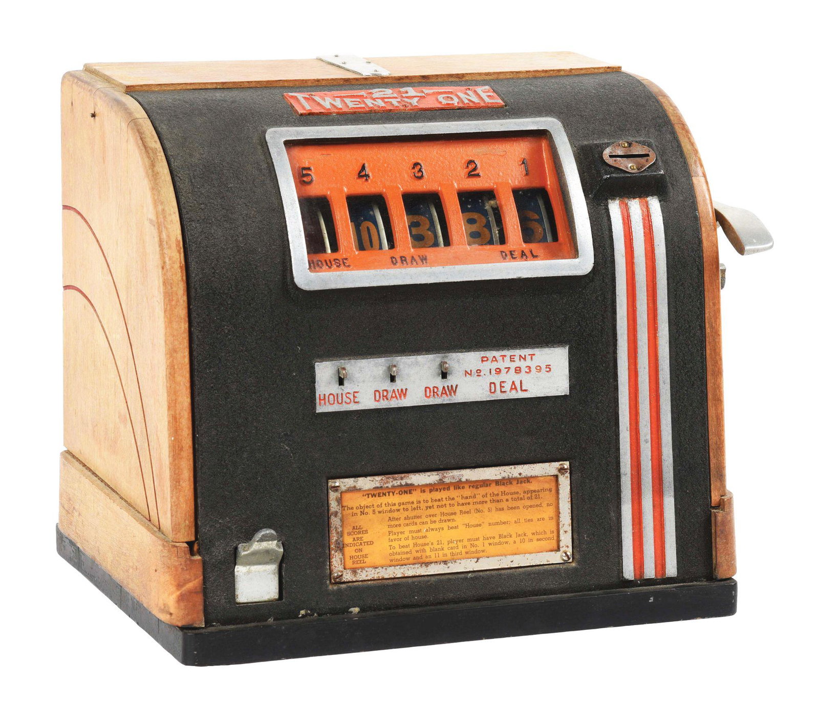 TWENTY-ONE DRAW BLACKJACK TRADE STIMULATOR.: A great trade stimulator showing an older restoration, with original reel strips, award card and in great working order. With keys. This is not a standard shippable item and will require 3rd party shi
