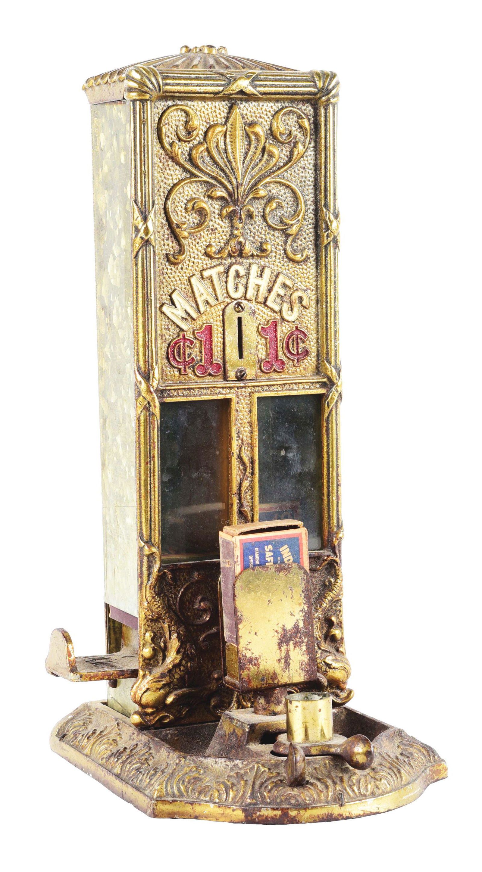 CAST IRON 1¢ BOX MATCH VENDING MACHINE WITH CIGAR CUTTER. (1 of 6)