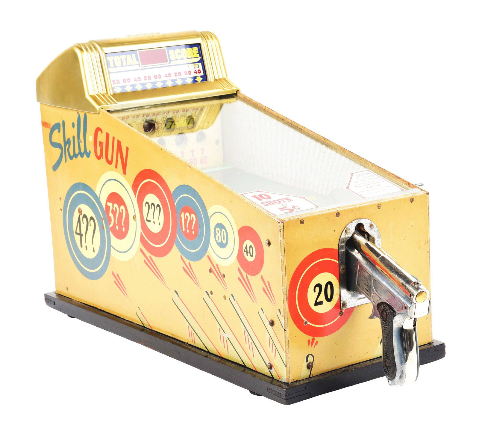 A. B. T. COUNTERTOP SKILL GUN GAME.: This is a wonderful example of the A. B. T. skill gun countertop target game with original pistol in very nice original plating, light oxidation to the metal trim around the gun, original scoring mech