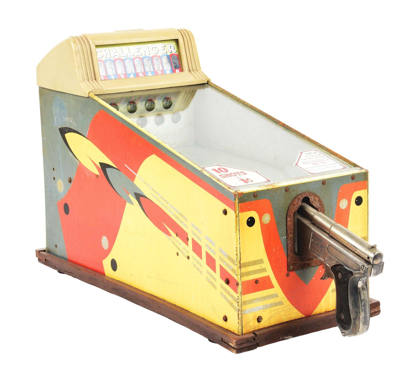 1¢ CHALLENGER COUNTERTOP GUN GAME.: This Challenger countertop gun game is in all original paint, with the original plastic cover and original pistol. The decals are likely replacements. Back door is original and machine is fully operat