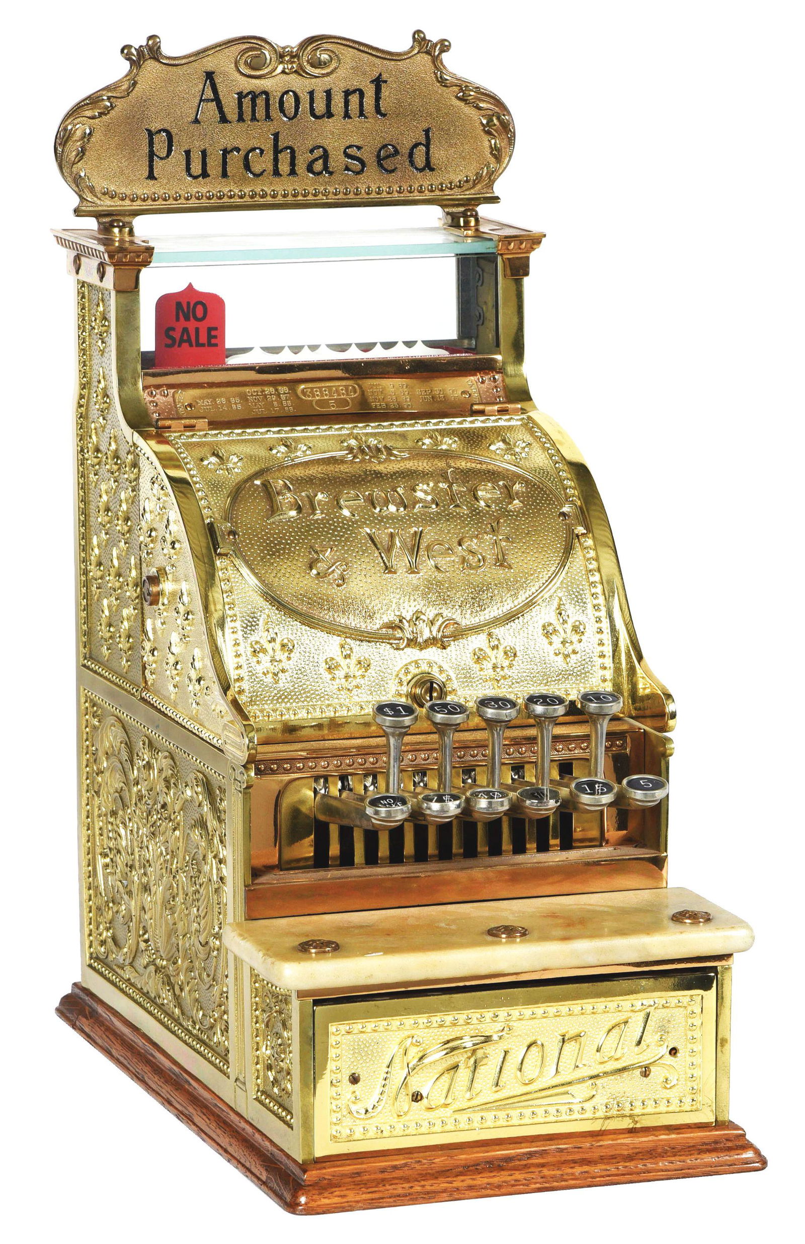 NATIONAL CASH REGISTER MODEL 5 BREWSTER & WEST CASH REGISTER.: This is a real nice model 5 National cash register, serial number 388484. All original condition with a replaced top sign and an original front name plate for Brewster and West. This is not a standard