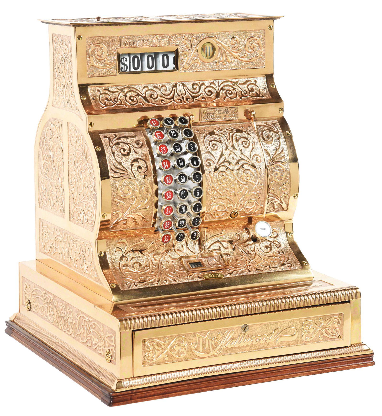 BEAUTIFUL RESTORED HALLWOOD BRASS THREE KEY COLUMN CASH REGISTER. (1 of 5)