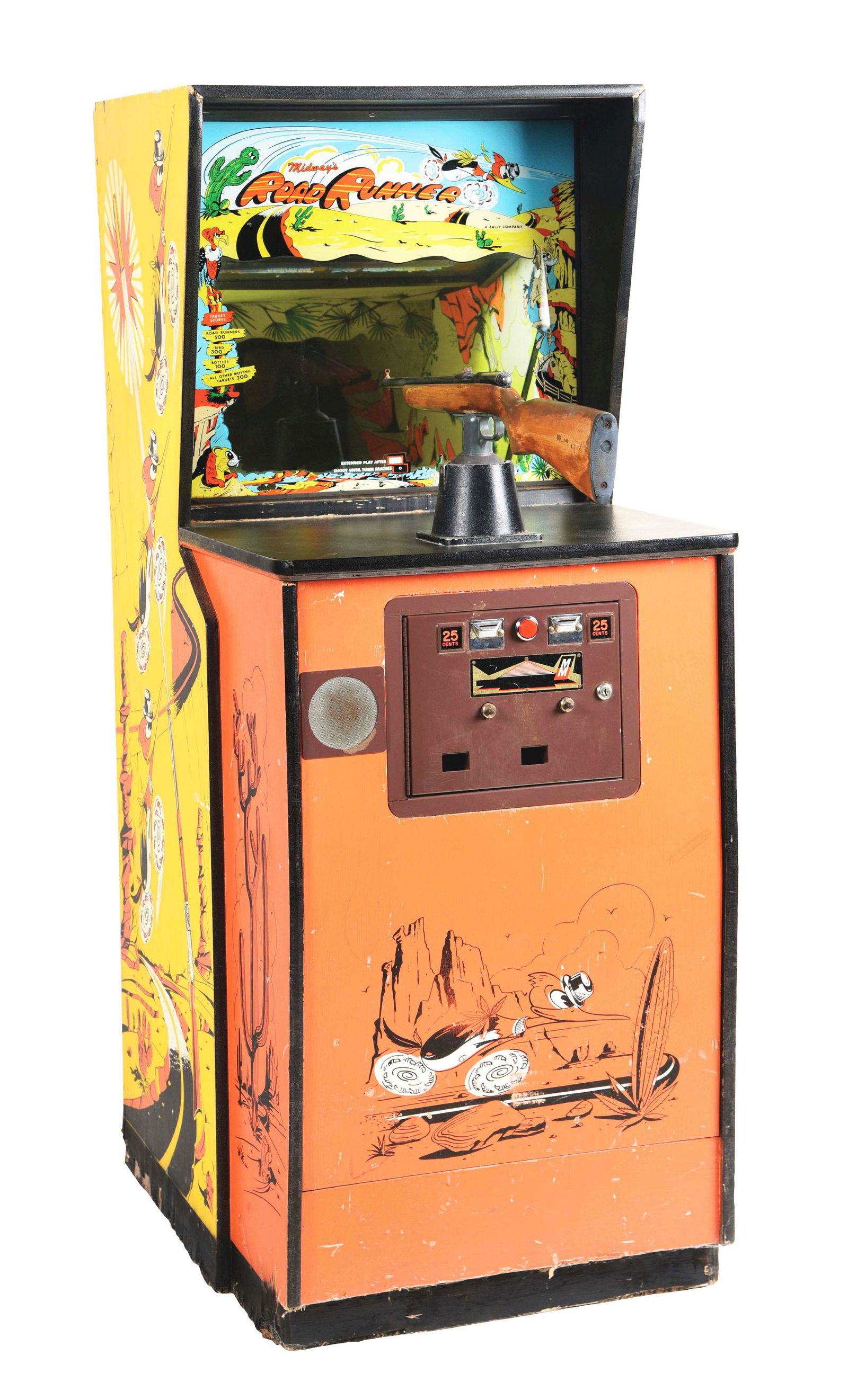 MIDWAY'S ROAD RUNNER ARCADE GAME.: This arcade game was manufactured by Midway Manufacturing Company in 1977. It is a shooting game where you have a mounted rifle and you shoot at the road runner in the play field. It has sight and sou