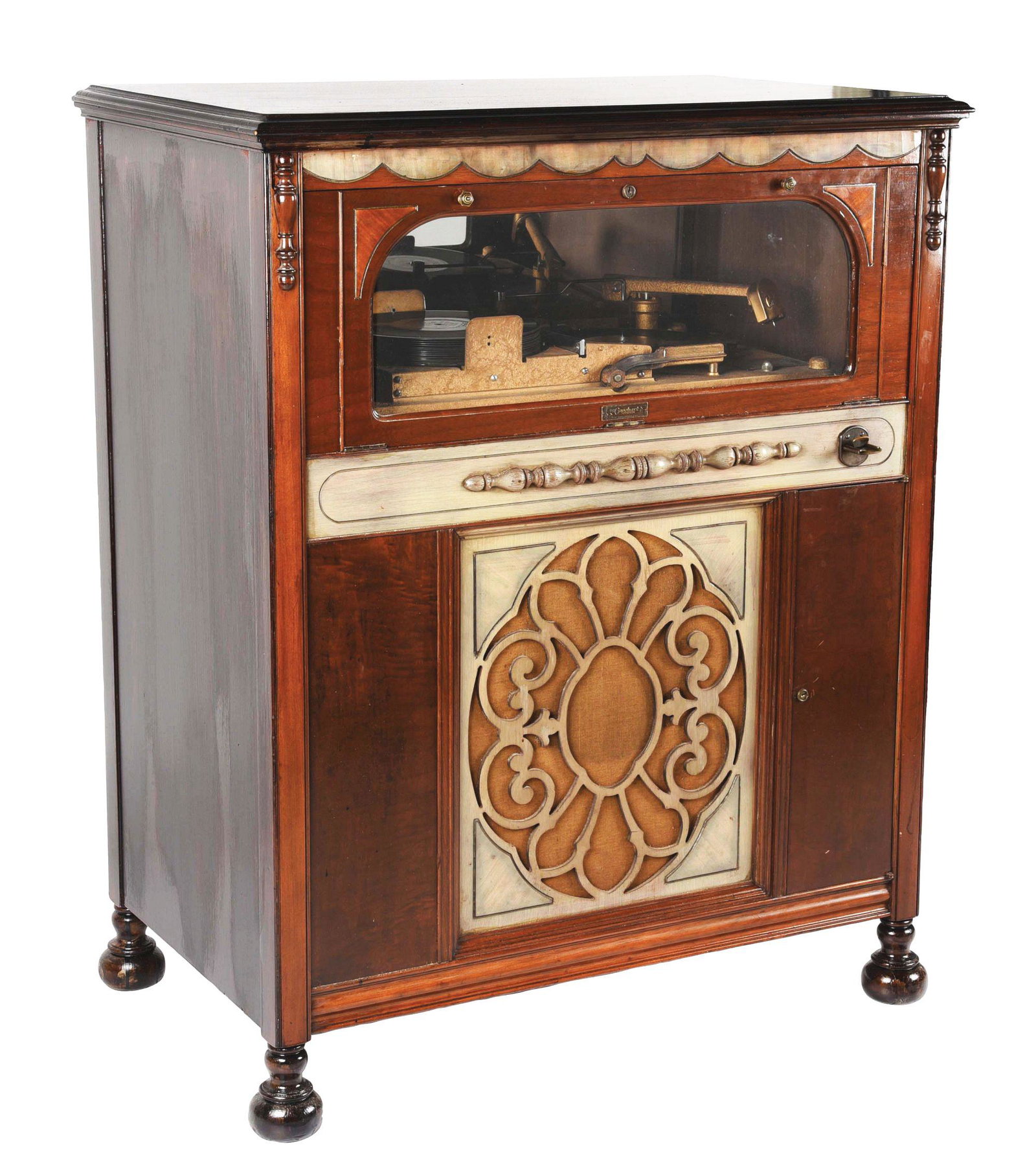 CAPEHART AMPERION JUKEBOX.: This is one of the earliest jukeboxes: the Amperion model made by Capehart, Fort Wayne, Indiana. All walnut construction, this example has the original back door, the original Capehart labels both bac