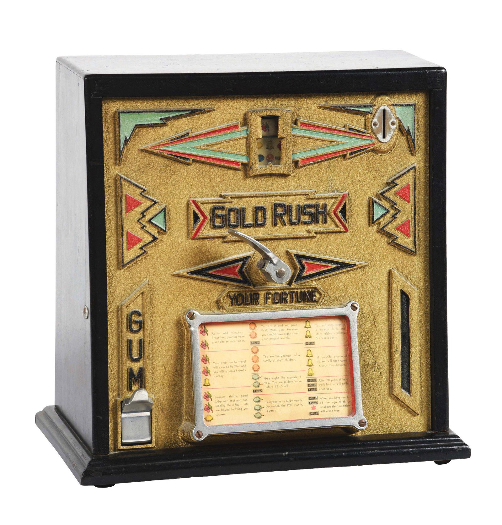1¢ GROETCHEN TOOL GOLD RUSH TRADE STIMULATOR.: This trade stimulator was manufactured by Groetchen Tool & Mfg. Co. in 1934. It has a dark gold front panel with light blue and red detailing the Native American geometrical designs. There is an inter