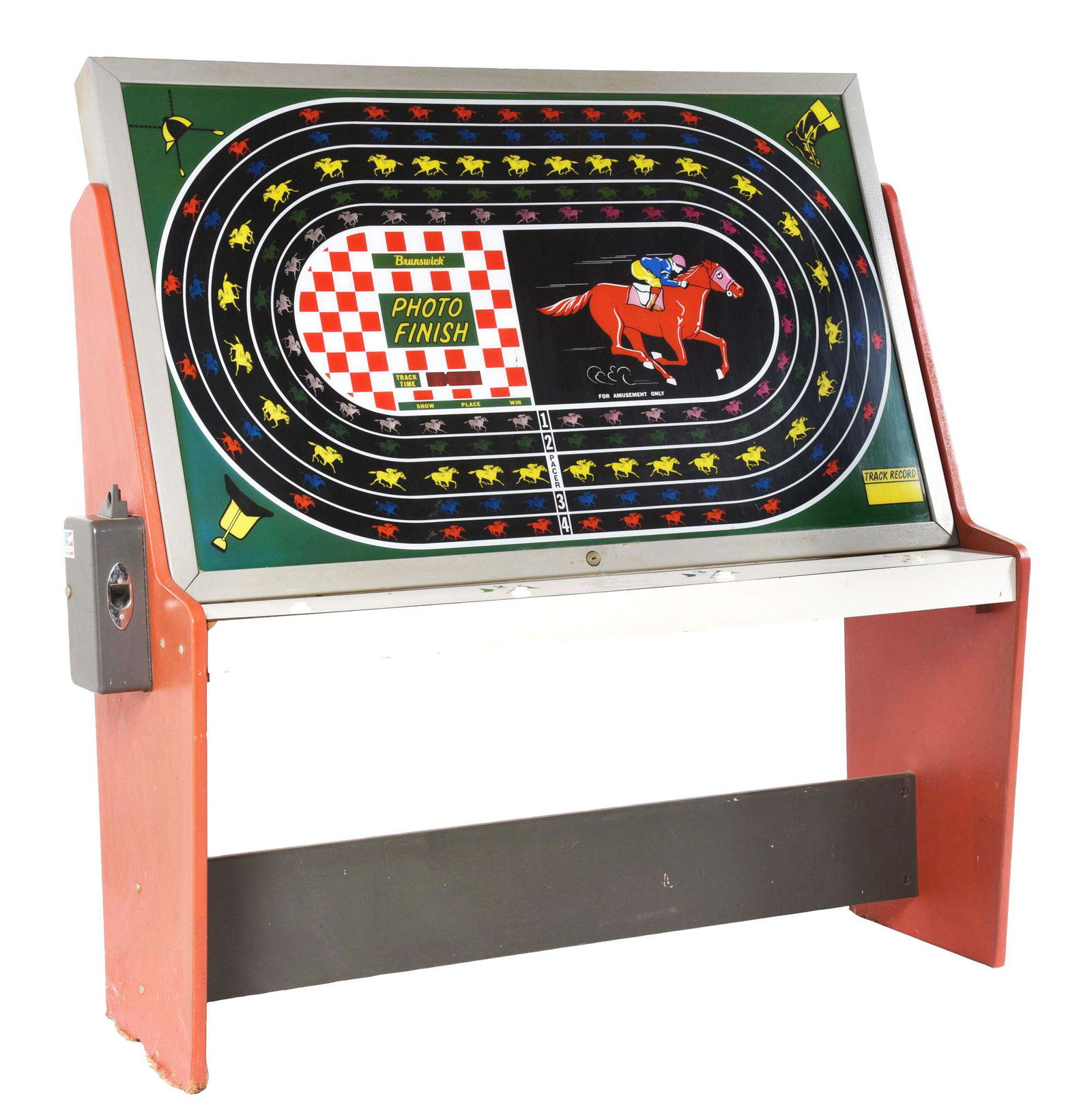BRUNSWICK PHOTO FINISH HORSE RACE ARCADE GAME.: This is a fantastic horse race game for one to four players. 25¢ operation and easy play, drop the coin and press the start button as the pace horse passes, and you're off to the races. Made by B