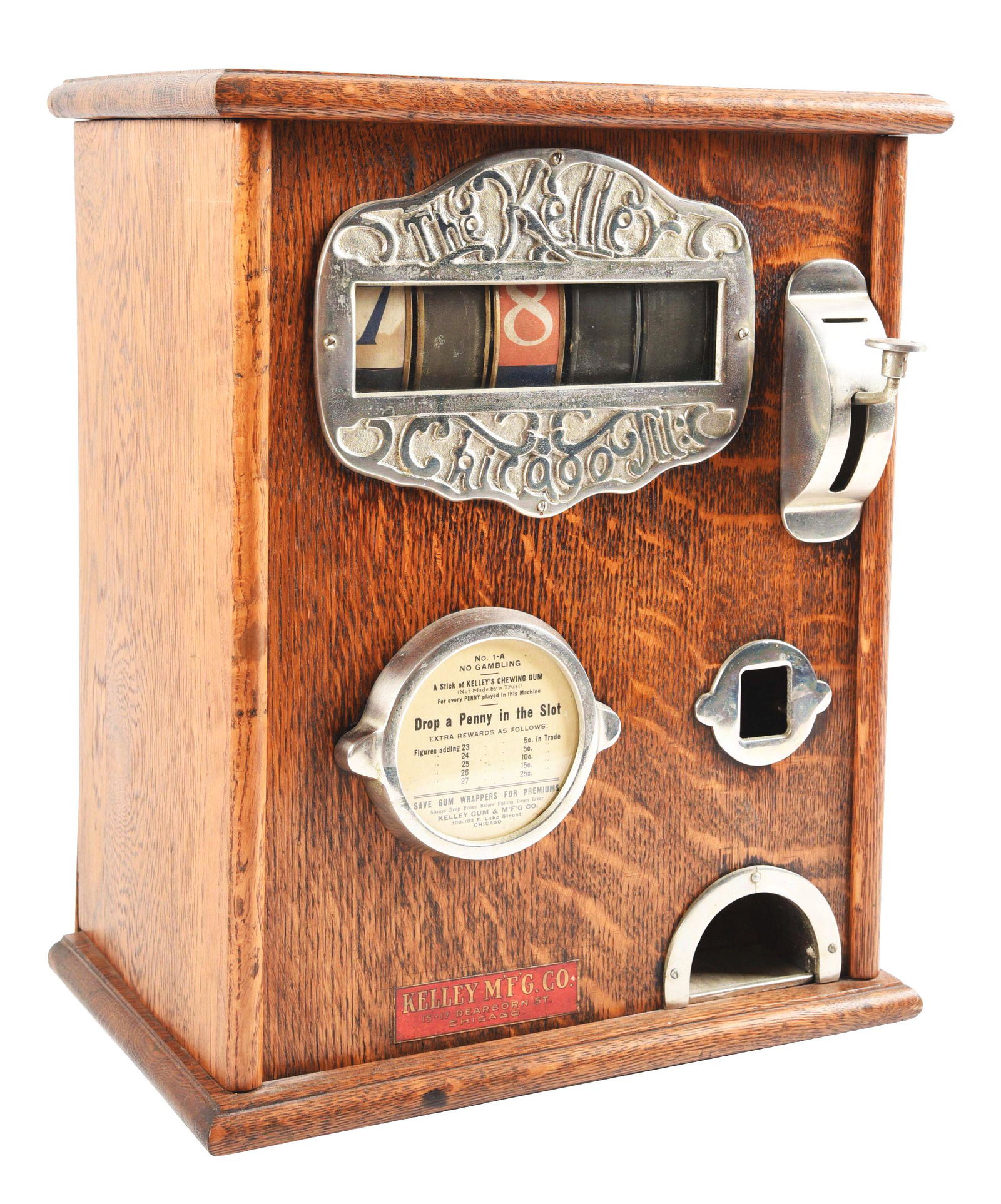 1¢ KELLEY MFG CO. GUM TRADE STIMULATOR.: This is the earlier version of "The Kelly" trade stimulator made by Kelly Manufacturing of Chicago in 1903. The later versions marketed after 1905 were marked "Improved". This example is original, inc