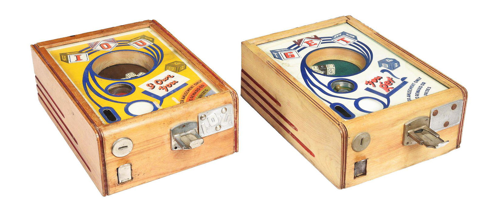 LOT OF 2: "IOU" & "G.E.T." COUNTERTOP DICE SPINNER GAMES. (1 of 5)