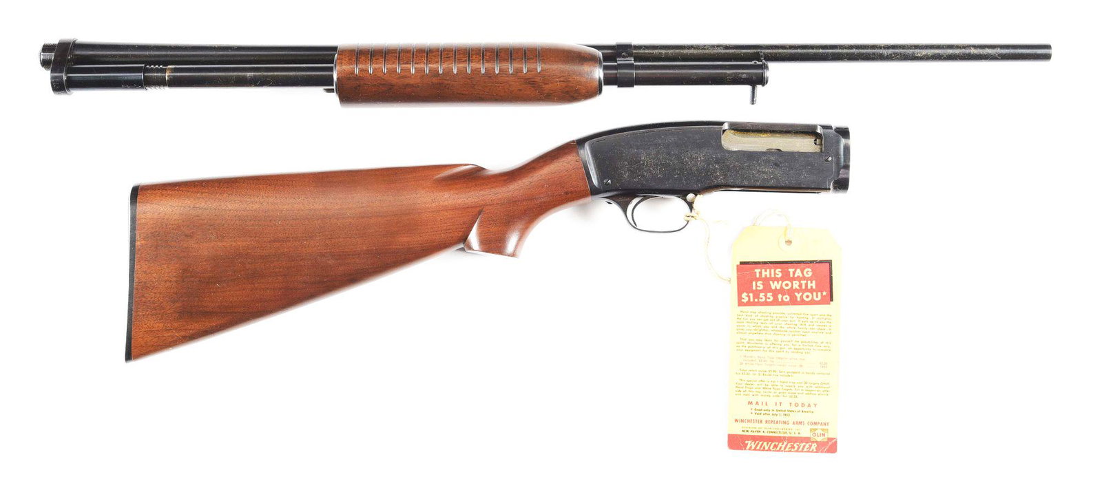 (C) AS NEW IN BOX WINCHESTER MODEL 42 SLIDE ACTION SHOTGUN.: Winchester Model 42 Field Grade slide action shotgun made by Winchester Repeating Arms Company in 1957. 28" blued Winchester Proof Steel plain barrel with bead front sight and fixed Full choke with 3"