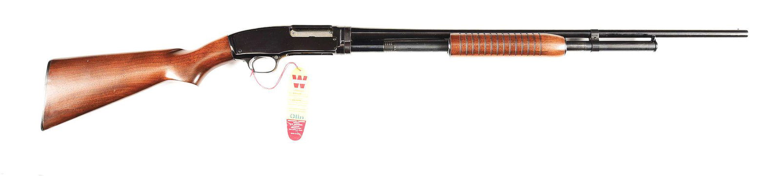 (C) WINCHESTER MODEL 42 SLIDE ACTION SHOTGUN .410 BORE IN ORIGINAL FACTORY BOX.: Winchester Model 42 Field Grade slide action shotgun made by Winchester Repeating Arms Company in 1963. 26" blued Winchester Proof Steel plain barrel with bead front sight and fixed Modified choke wit