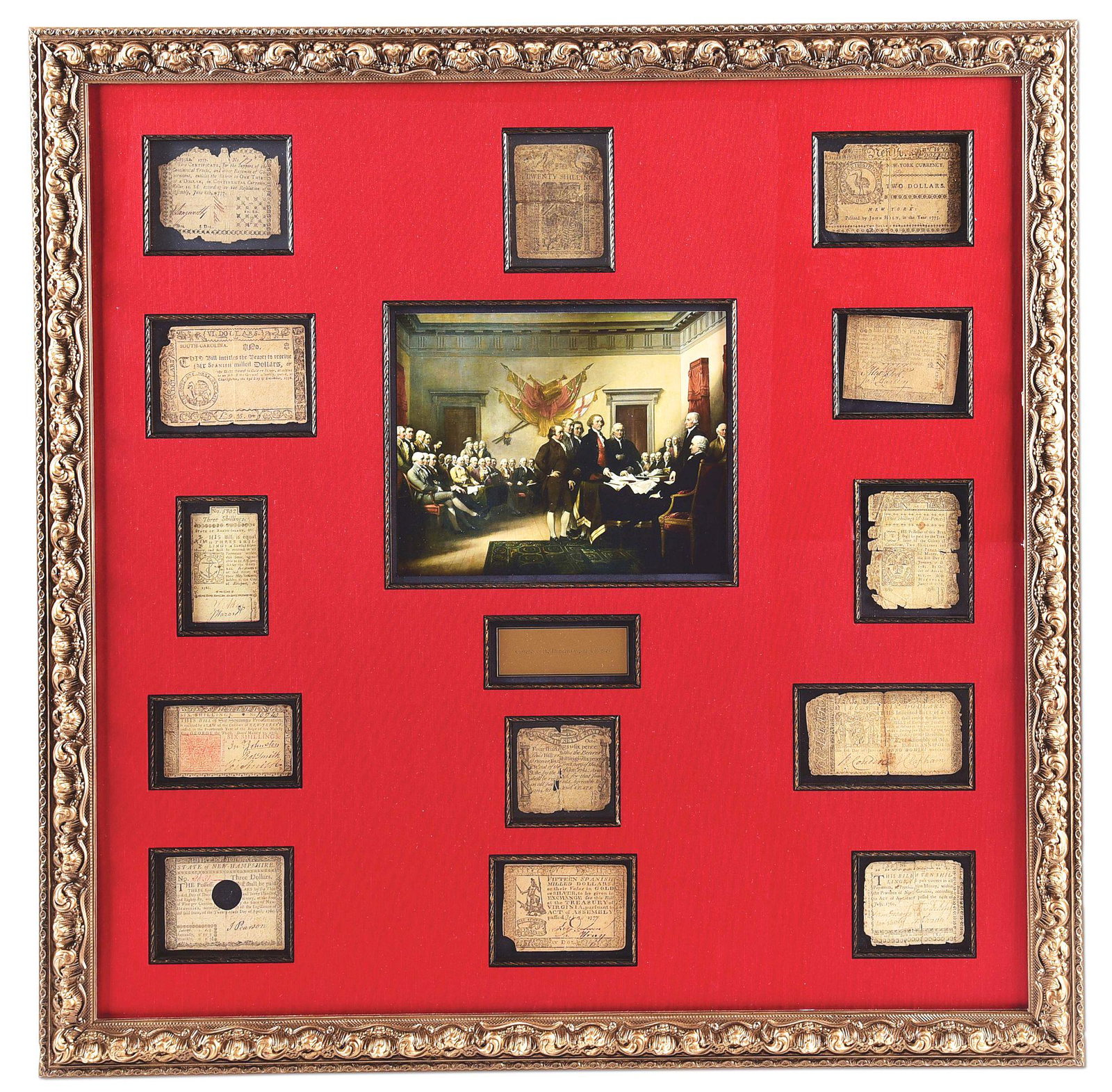 FRAMED CURRENCY FROM THE THIRTEEN ORIGINAL COLONIES.: Currency notes from the 13 original colonies, of various measurements. The notes range in denomination from various dollar and shilling amounts and are from the colonies of New Hampshire (1780), New Y