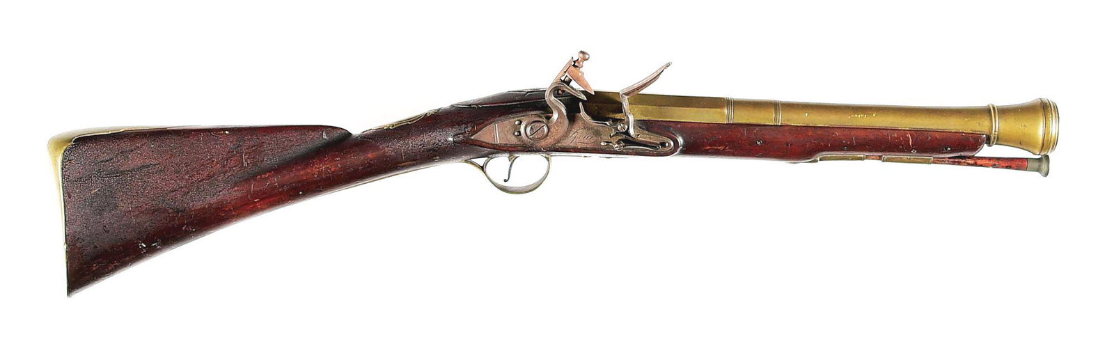 (A) BRASS-BARRELED BRITISH FLINTLOCK BLUNDERBUSS BY GRICE.: This circa 1770 blunderbuss features a four-stage brass barrel with cannon muzzle. There are two large Birmingham proofs on the left side of the breech and "London" inscribed on top flat. Flat lockpla