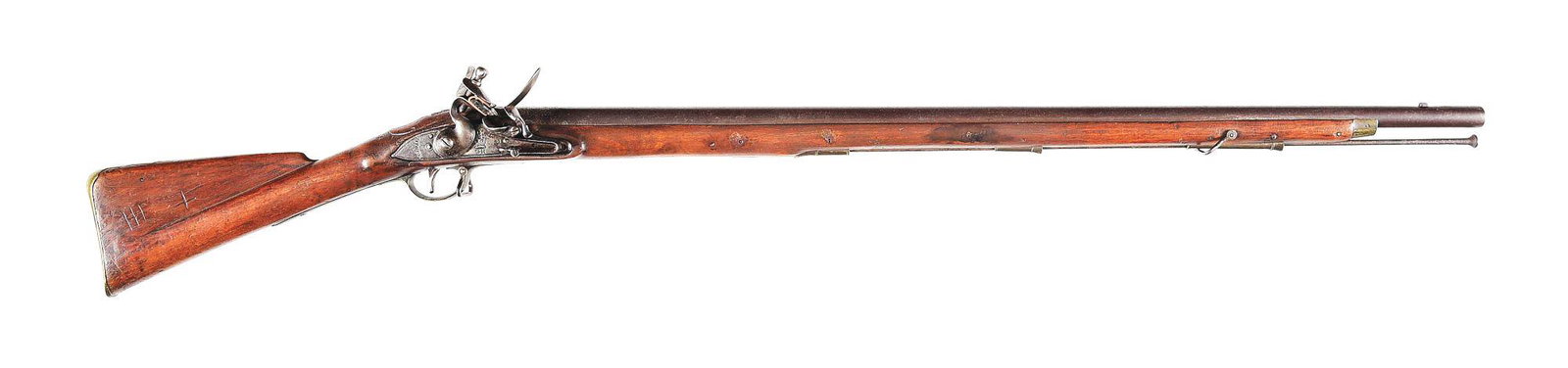 (A) BRITISH PATTERN 1793 BROWN BESS FLINTLOCK MUSKET.: This Napoleonic musket features a round barrel with bayonet lug mounted on top, towards muzzle. Left side of breech stamped with Tower view and proof marks, barrel tang stamped with inspection crown. 