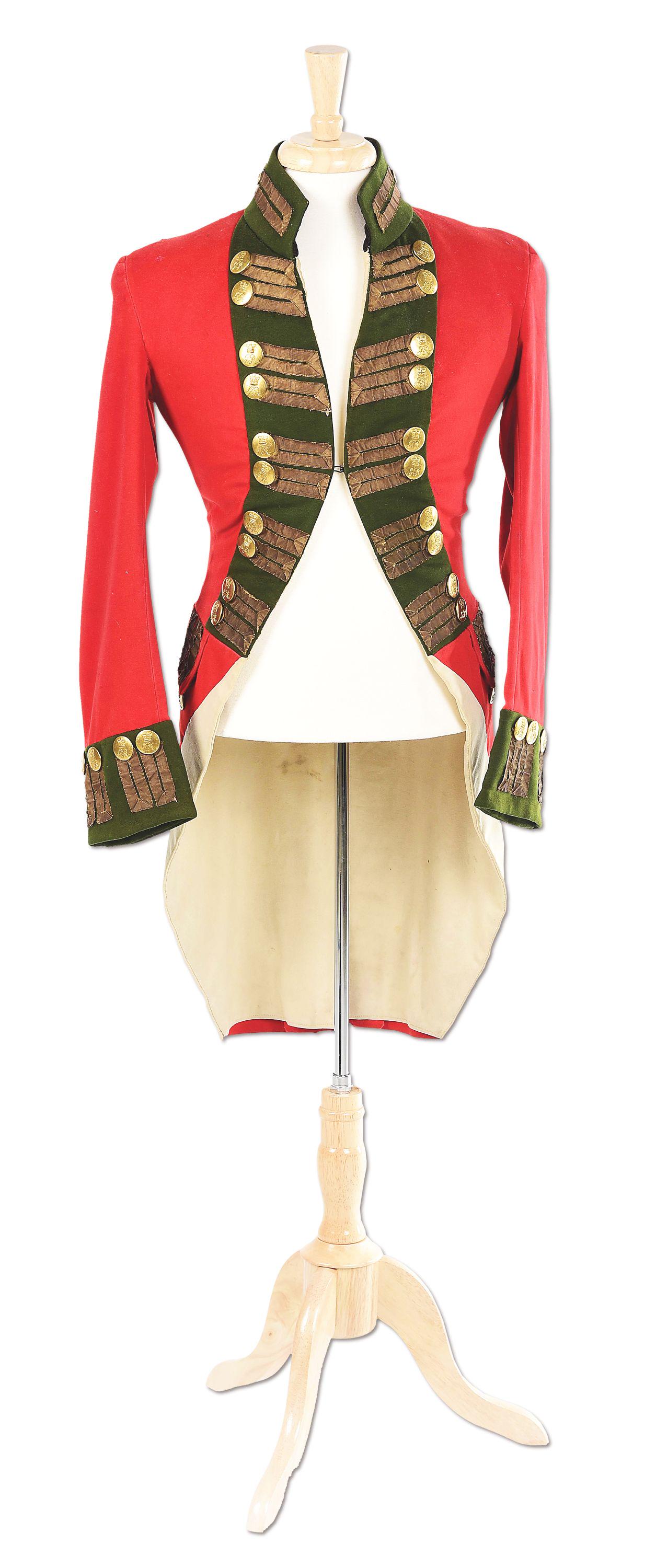 LATE 19TH CENTURY COPY OF 1790'S BRITISH OFFICER'S COAT.: Scarlet super fine coat with willow green lapels, standing collar, and cuffs. Ten buttons in pairs with gold lace on each lapel. Four buttons in pairs on cuffs and pocket flaps. Gilt buttons bear a "(
