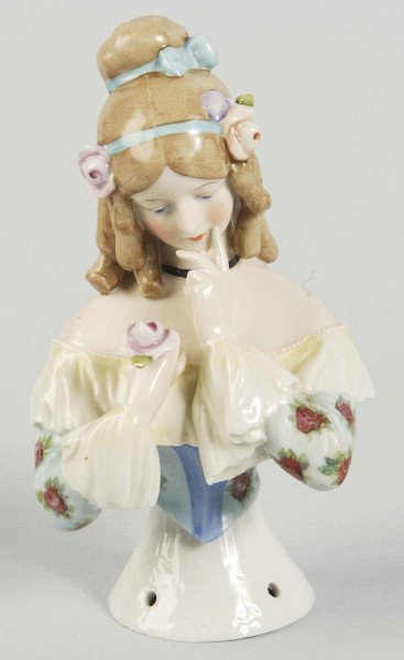 Goebel "Jenny Lind" German Porcelain Half Doll.: Signed with F. & W. Goebel trademark and stamp. Lovely detailing of hair and gown with rose flower decals, arms away holding a molded rose. Size: 6 - 1/4" T.