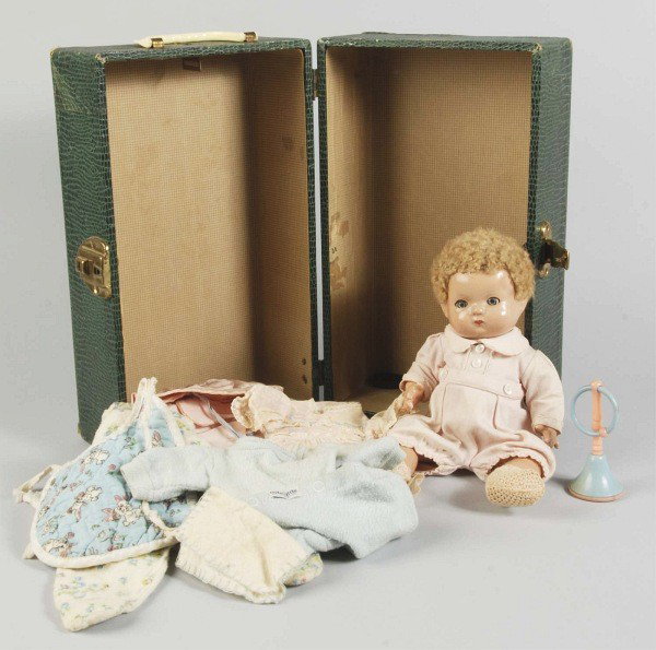 Lot of 2: Effanbee Dolls.: All composition "Patsy Baby," sweet fully marked baby (overall light crazing) with blonde caracul wig, lashed blue sleeping eyes, original pique romper suit, in a vintage grain paper-covered wood trun