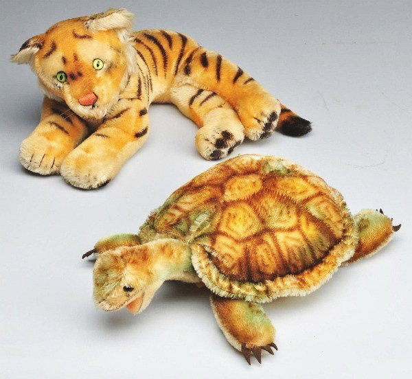Lot of 2: Steiff Animals.: Includes one tiger and one turtle. No ear buttons or chest tags. Size: Each: 13" L.