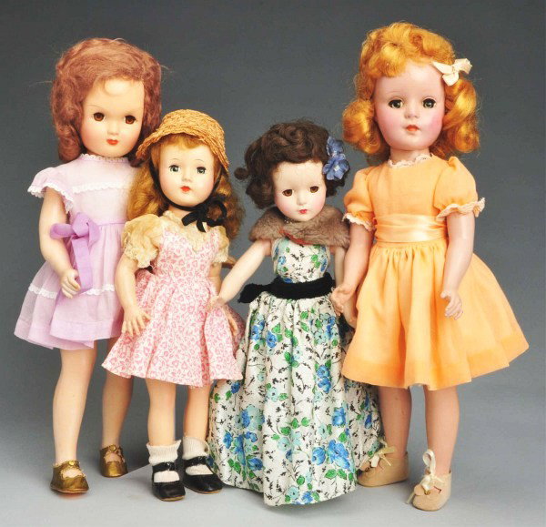 Lot of 4: Hard Plastic Dolls.: Arranbee "Nanette" redressed in flowered gown; Effanbee "Honey Walker, " all original (hair combed); Eugenia girl, all original with lashed brown sleeping eyes; Arranbee girl with blonde hair, replace