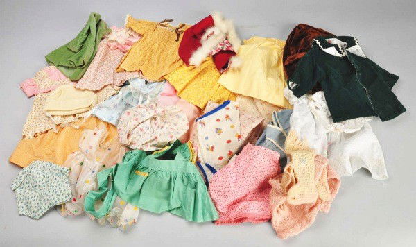 Large Lot of Clothes for Patsy-type Dolls.: Three coats and matching hats; nine vintage cotton dresses, some with hats, pjs, robes, lounging sets, underwear, sweater, three new dresses, vintage adult stockings to use for making doll socks. Size