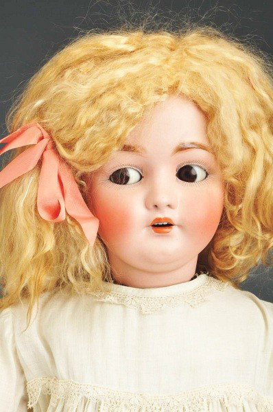 Rare Franz Schmidt German Bisque Child Doll.: Bisque socket head incised 269 S & C, probably made by Kestner, long multi-stroked eyebrows, rare flirty brown eyes, painted upper and lower eyelashes, pierced nose, open mouth with teeth, replaced bl