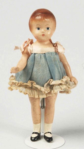 Darling Effanbee Composition "Wee Patsy".: Red molded hair, blue painted eyes, jointed shoulders and hips, painted white socks and black strap shoes. Wearing her original blue organdy dress and blue slip and panties (light overall crazing, com
