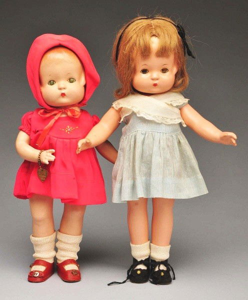 Lot of 2: Effanbee Composition Dolls.: All composition, fully marked. "Patricia" with human hair wig, lashed sleep eyes (crackled), vintage dress, replaced shoes. "Patsy" with molded brown hair, lashed sleeping eyes (cloudy), factory origi