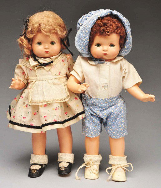 Lot of 2: Rare Effanbee Composition Dolls.: All composition dolls fully marked. Patsy Baby head on Patsy body, original factory combination, caracul wig, lashed blue sleeping eyes, original sun suit and matching hat, vintage shoes and socks. Sa