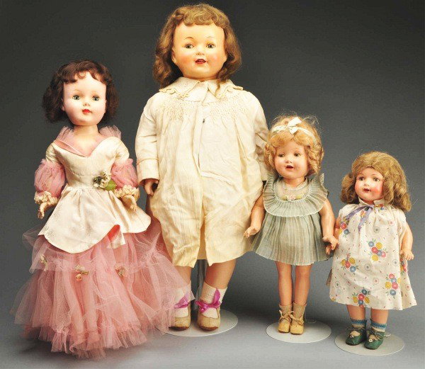 Lot of 4: American Dolls.: Includes an Effanbee shoulder head doll with the name Marilee; a large hard plastic doll marked "American Character Doll"; a smaller Effanbee doll marked "Rosemary"; and a swivel neck composition doll