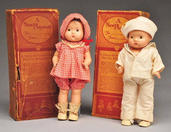 Lot of 2: Effanbee "Patsy Tinyette" Toddlers.: All composition and marked. Molded hair, painted eyes, both are factory original, one in a red and white cotton outfit with hat, shoes and socks, one in a white sailor outfit with hat and shoes. Both