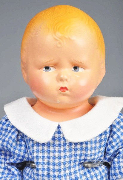 Sweet Effanbee Composition "Baby Grumpy".: Marked composition shoulder head (several scuffs on face), cloth body, composition arms and legs; appropriately redressed, vintage shoes and socks. Size: 12" T.