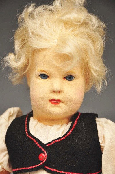 Rare Steiff Felt "Vera".: All felt with rare inset glass eyes, inset blonde mohair, all factory original clothing: dress, apron, vest, hat, undies, shoes and socks, with two Steiff labels, round tag and yellow wrist tag with b