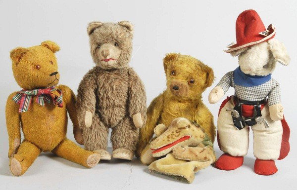 Lot of 5: Stuffed Animals.: Brown plush jointed teddy (some fur loss) with large feet, stitched nose and mouth; 2 gold teddies (some fur loss), fully jointed; cowboy dressed rabbit (some soil), red felt hat and holsters with gun